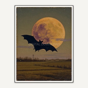 Vintage oil painting of bat against harvest moon over field