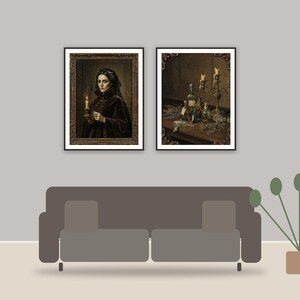 witch wall art printable art framed above a sofa in a styled living room