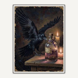 Raven beside an antique potion bottle in cracked varnish style