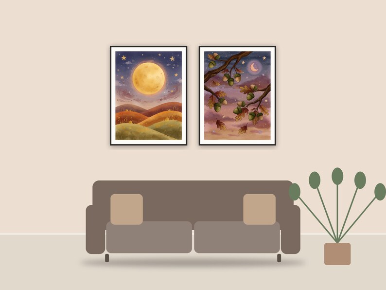 harvest moon celestial art printable art framed above a sofa in a styled living room
