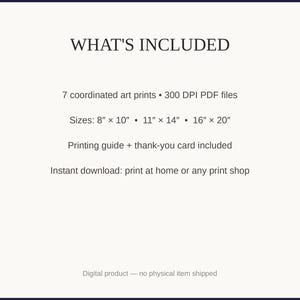 What's included: 7 art prints as 300 DPI PDFs in three sizes plus printing guide and thank-you card