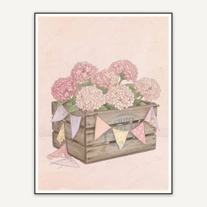 Pink hydrangeas in wooden crate with bunting