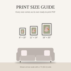 Print size guide showing 8x10, 11x14, and 16x20 framed prints at true scale beside a sofa