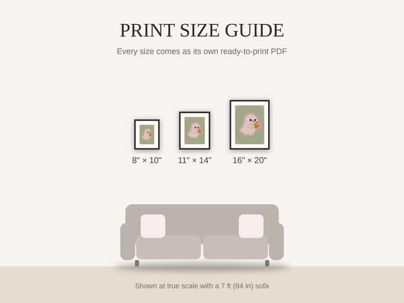 Print size guide showing 8x10, 11x14, and 16x20 framed prints at true scale beside a sofa