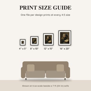 Print size guide showing 4x5, 8x10, 12x15 and 16x20 inch Halloween prints at true scale beside a sofa
