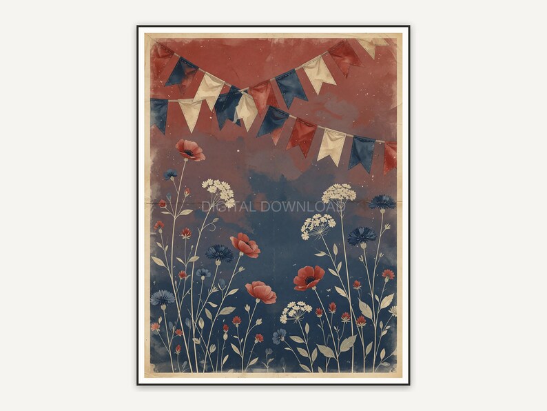 Faded bunting with wildflower stems