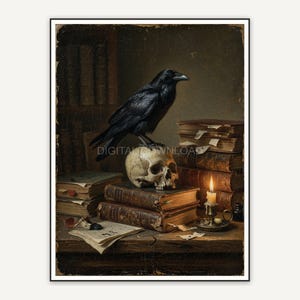 Vintage oil painting of raven on skull with books
