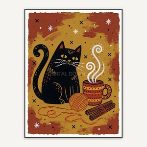 Black cat with yarn beside steaming mug and cinnamon sticks
