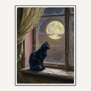 Vintage oil painting of black cat on windowsill with full moon