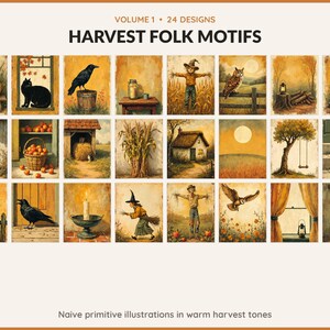 Volume 1 Harvest Folk Motifs: 24 printable Halloween art designs, naive primitive illustrations in warm harvest tones