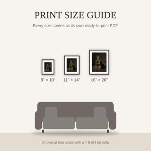 Print size guide showing 8x10, 11x14, and 16x20 framed prints at true scale beside a sofa