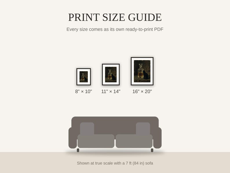 Print size guide showing 8x10, 11x14, and 16x20 framed prints at true scale beside a sofa