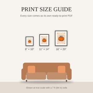 Print size guide showing 8x10, 11x14, and 16x20 framed prints at true scale beside a sofa