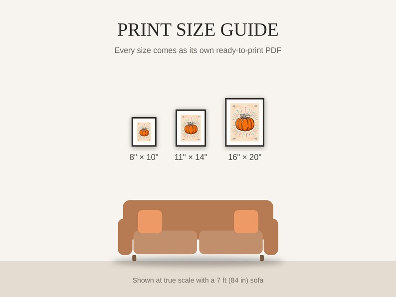 Print size guide showing 8x10, 11x14, and 16x20 framed prints at true scale beside a sofa
