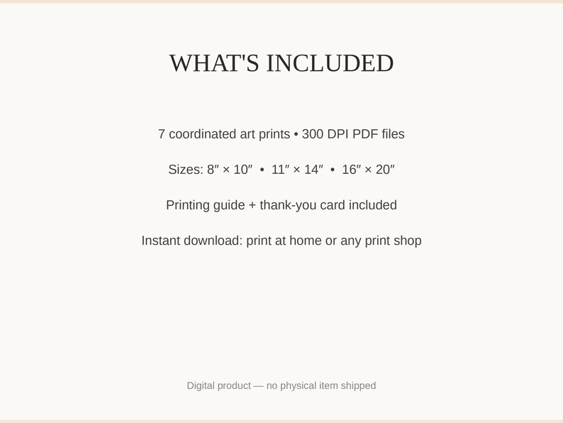 What's included: 7 art prints as 300 DPI PDFs in three sizes plus printing guide and thank-you card