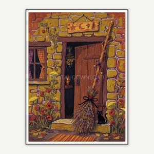 Whimsigoth primitive folk painting of witch broom by cottage door