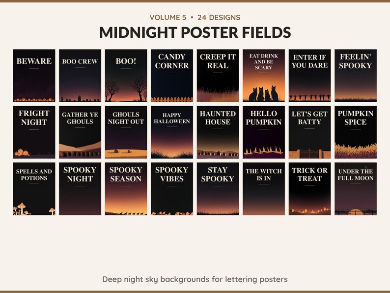 Volume 5 Midnight Poster Fields: 24 printable Halloween art designs, deep night sky backgrounds for lettering posters
