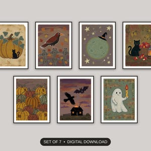 Set of 7 farmhouse halloween printable prints shown as a gallery wall