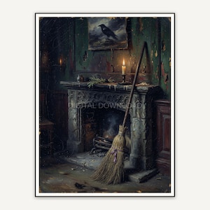 Broom leaning by candlelit stone fireplace
