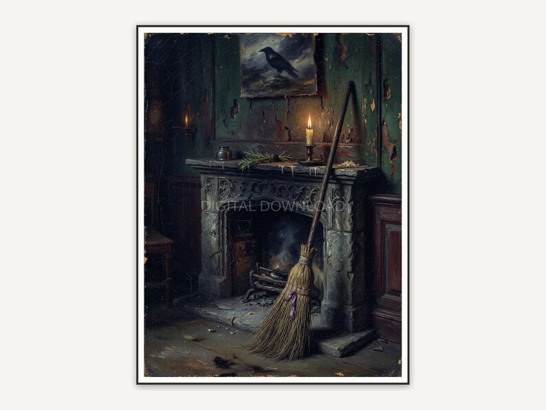 Broom leaning by candlelit stone fireplace
