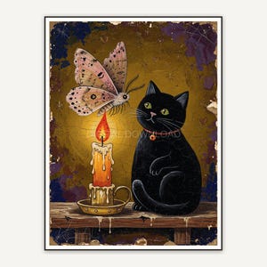 Black cat beside candle and moth in folk style