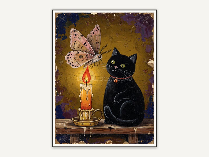Black cat beside candle and moth in folk style