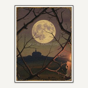 Vintage oil painting of full moon over bare branches