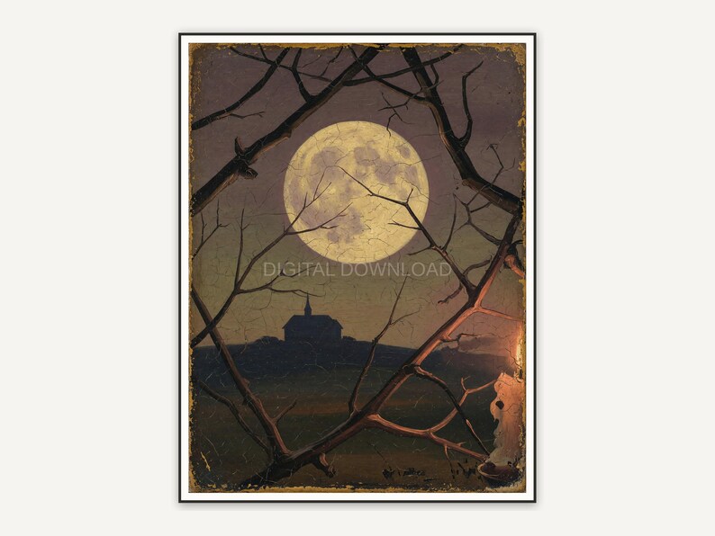 Vintage oil painting of full moon over bare branches