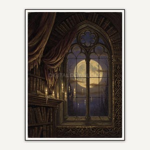 Arched library window with full moon and floating candles