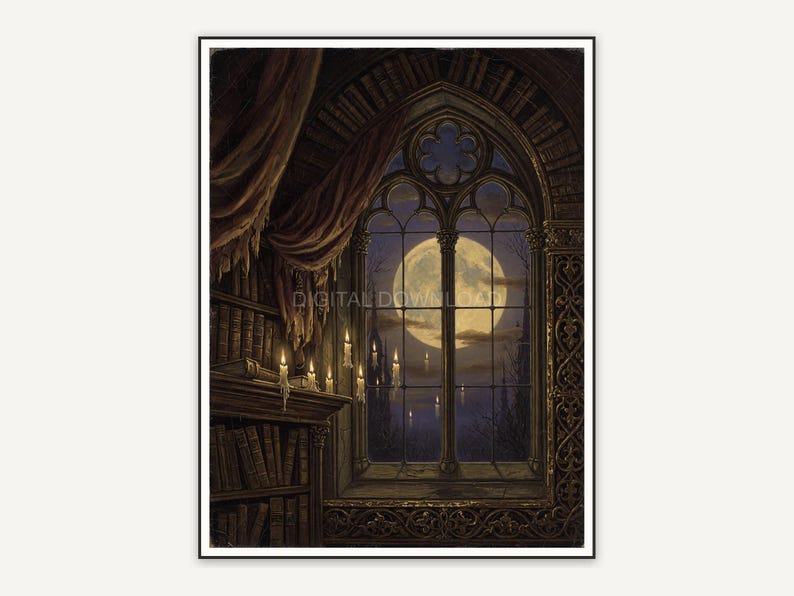 Arched library window with full moon and floating candles