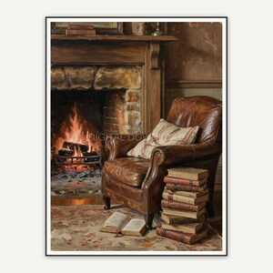 Leather chair by glowing fire