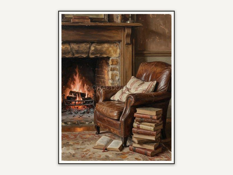 Leather chair by glowing fire