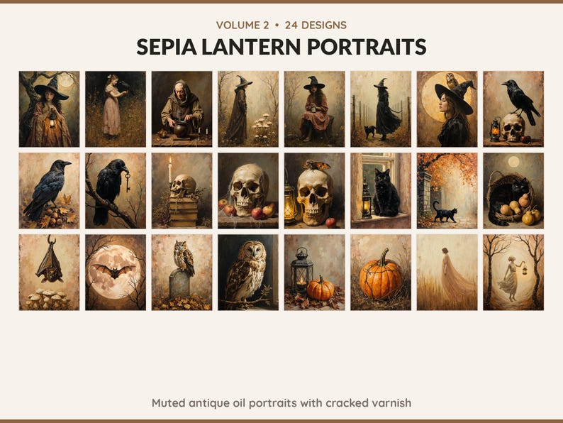 Volume 2 Sepia Lantern Portraits: 24 printable Halloween art designs, muted antique oil portraits with cracked varnish