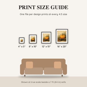 Print size guide showing 4x5, 8x10, 12x15 and 16x20 inch Halloween prints at true scale beside a sofa