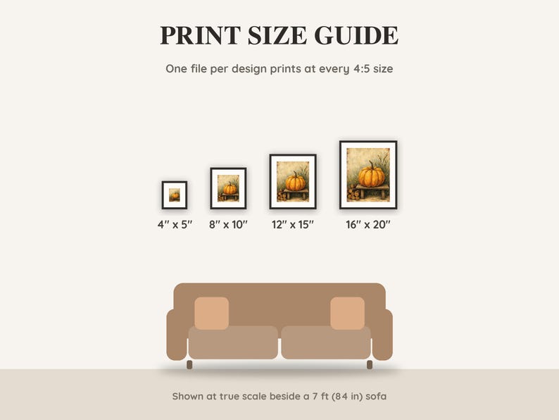 Print size guide showing 4x5, 8x10, 12x15 and 16x20 inch Halloween prints at true scale beside a sofa