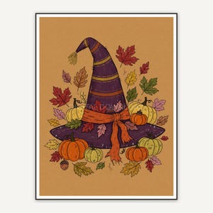 Witch hat with autumn leaves and pumpkins