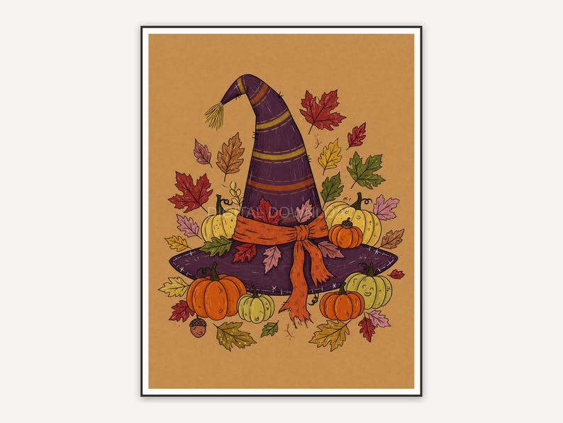 Witch hat with autumn leaves and pumpkins