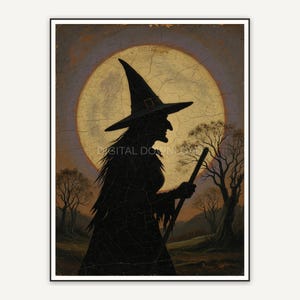 Vintage oil painting of a witch silhouette and full moon