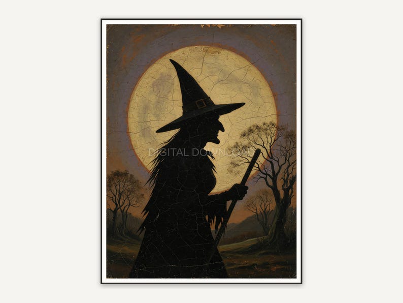 Vintage oil painting of a witch silhouette and full moon