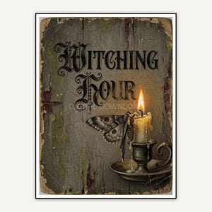 Weathered wood Halloween quote print Witching Hour with candle and moth