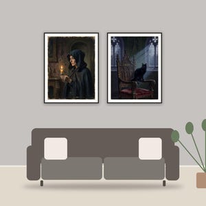 gothic halloween printable art framed above a sofa in a styled living room