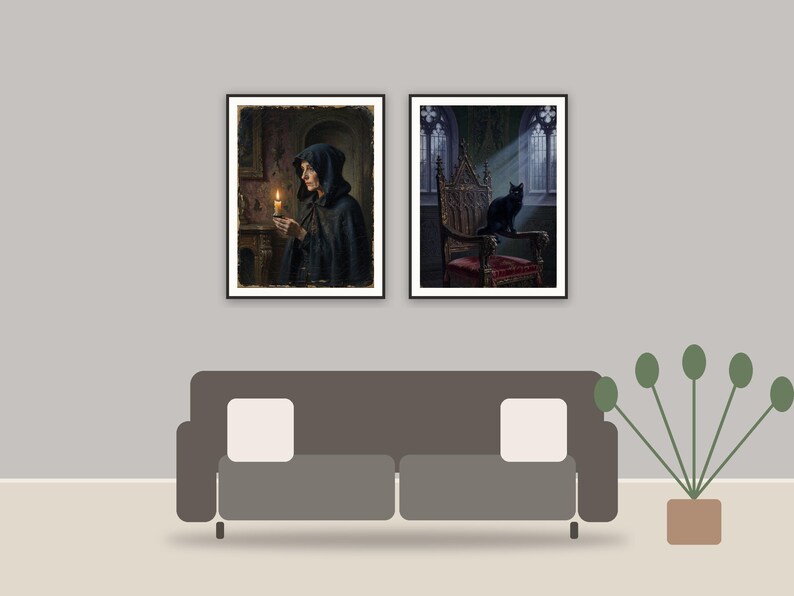 gothic halloween printable art framed above a sofa in a styled living room