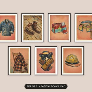 Set of 7 vintage workwear art printable prints shown as a gallery wall