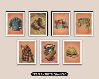Americana Workwear Prints Set of 7 | Faded Retro Labor Day Kitchen Art | End of Summer Porch Decor Digital Download