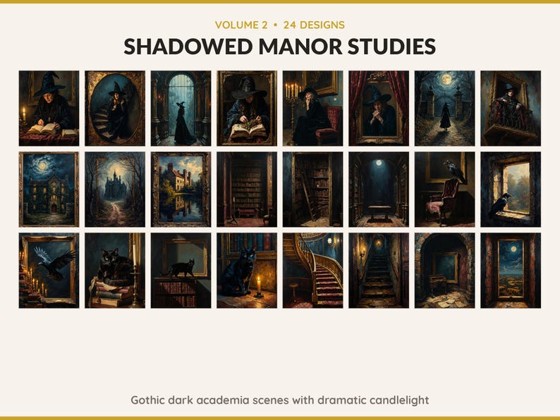 Volume 2 Shadowed Manor Studies: 24 printable Halloween art designs, gothic dark academia scenes with dramatic candlelight