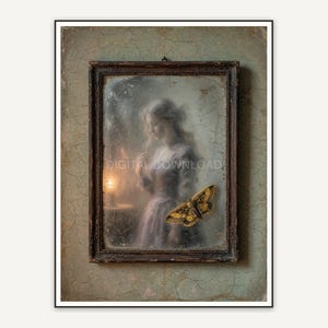 Vintage oil painting of antique mirror with ghost silhouette and moth