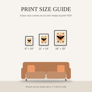 Print size guide showing 8x10, 11x14, and 16x20 framed prints at true scale beside a sofa