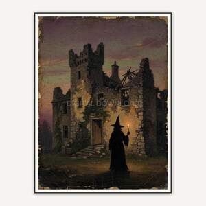 Vintage oil painting of witch silhouette before manor