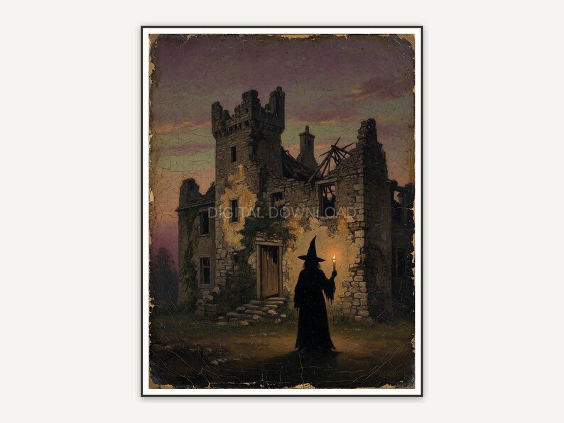 Vintage oil painting of witch silhouette before manor