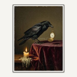 Raven with pocket watch on velvet table oil painting